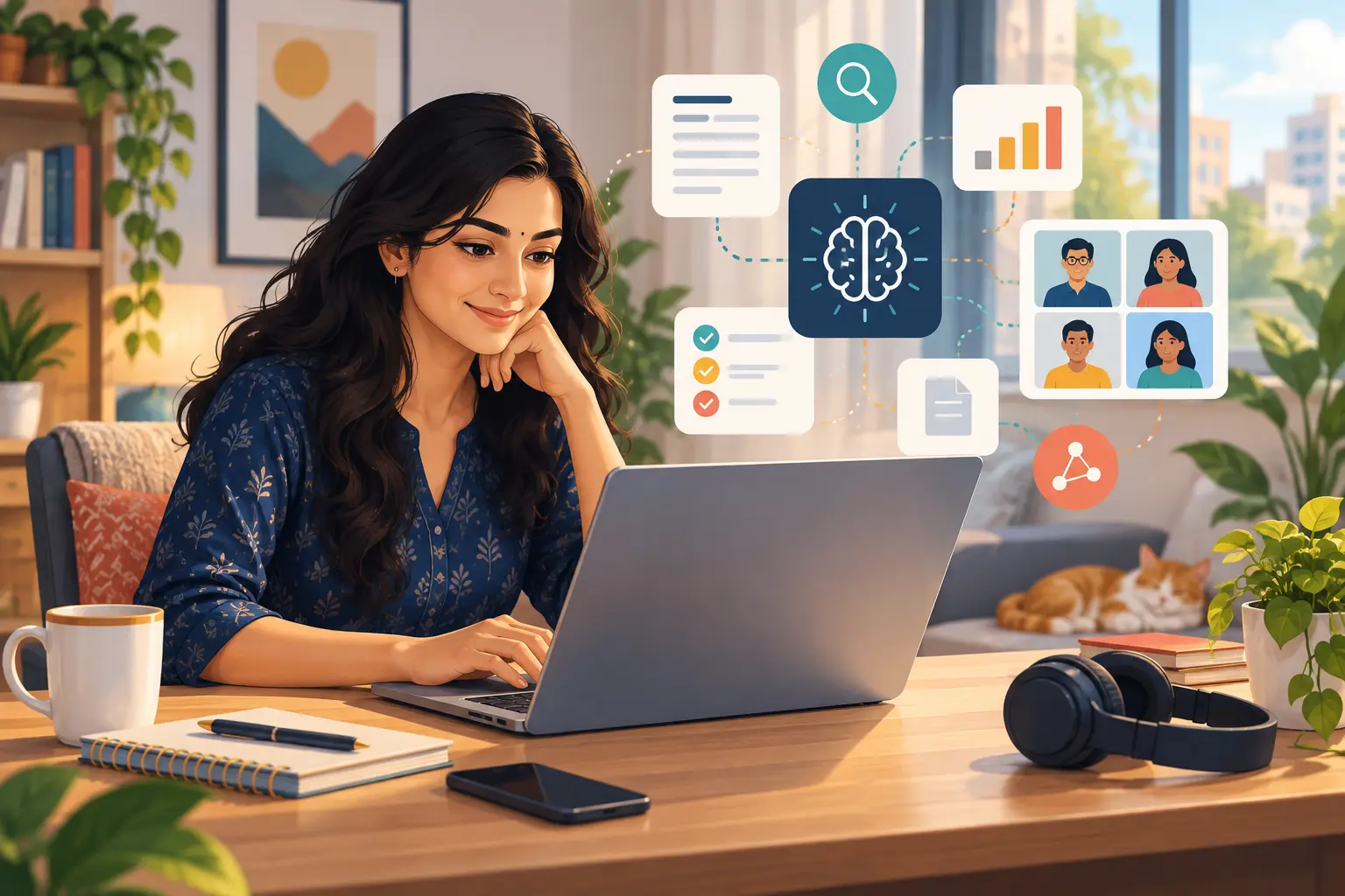 Indian professional using AI tools to prepare for remote job applications at a home desk