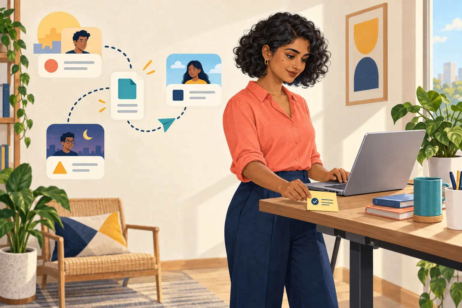 Indian remote professional creating a documented handoff beside a laptop as connected workflow cards show asynchronous collaboration