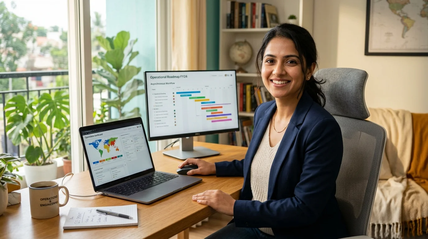 Original fictional 27-year-old Indian female distributed operations manager in a navy blue blazer and cream knit top smiling with confidence in an ergonomic home office with a multi-time-zone world clock display