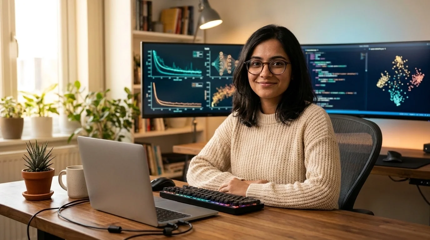 A fictional 26-year-old Indian female AI engineer analyzing neural network loss curves, 3D vector embeddings, and automated LLM evaluation pipelines at her dual-monitor remote home office studio workstation