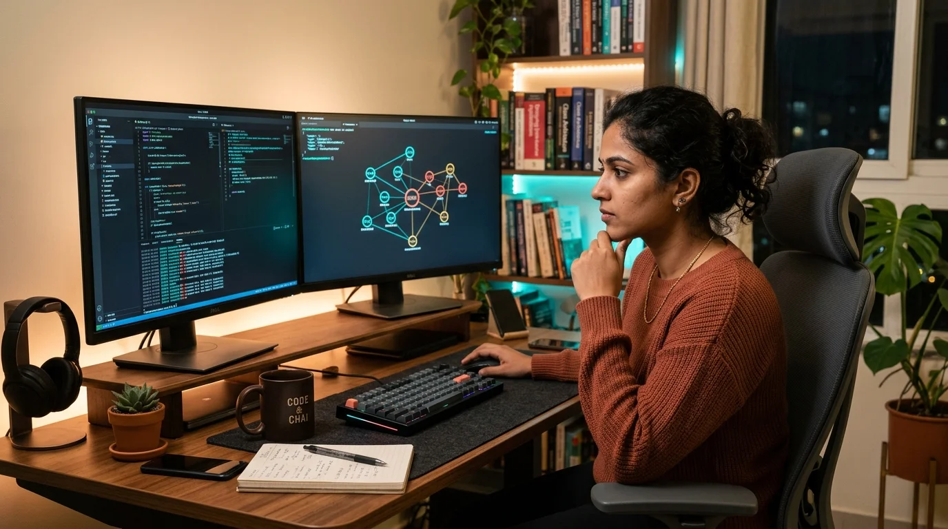 A fictional 27-year-old Indian female backend software engineer working thoughtfully at her modern dual-monitor home studio workstation with glowing terminal sessions, distributed architecture diagrams, and database query metric graphs in soft ambient light