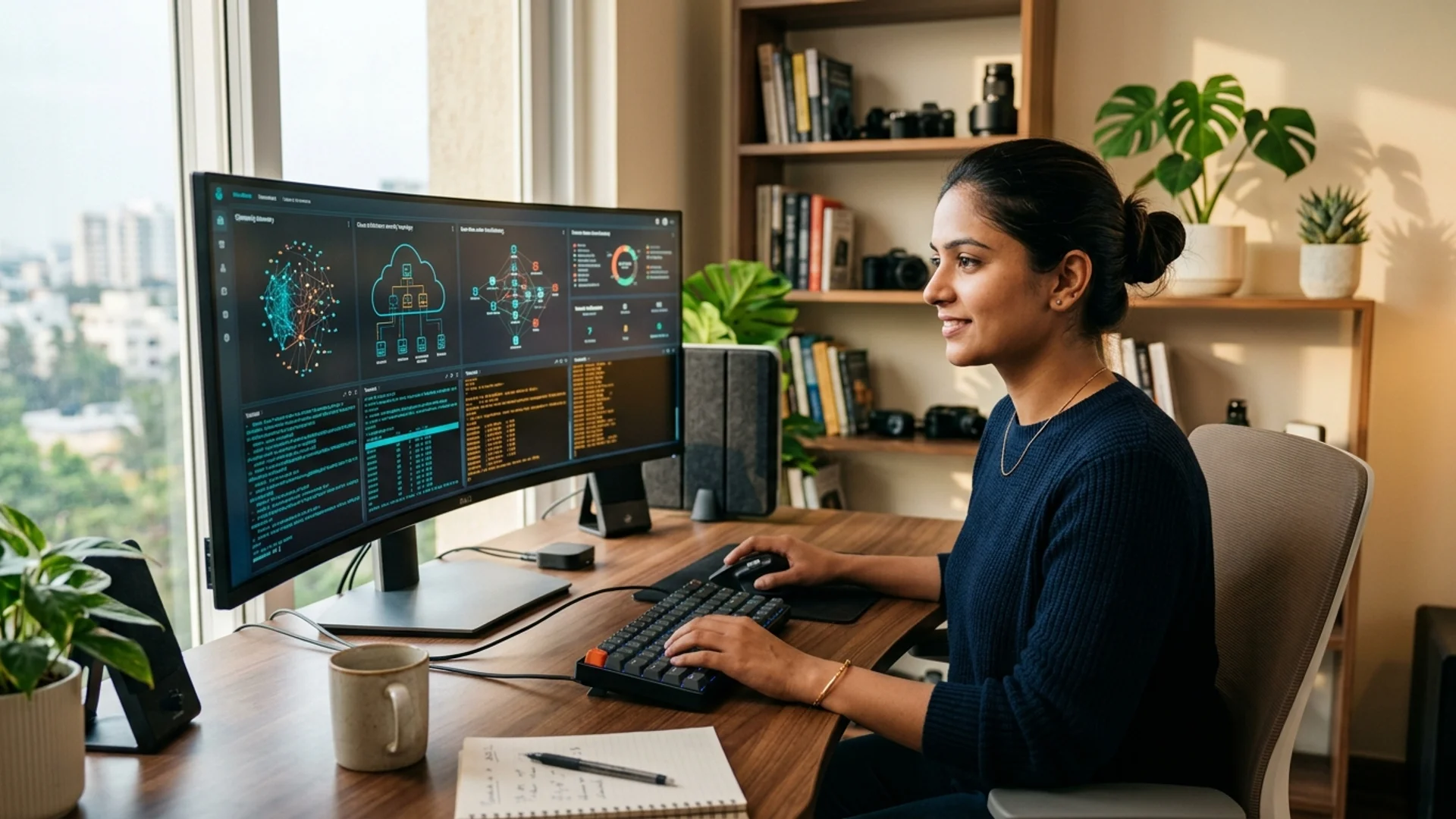 A fictional 27-year-old Indian female cybersecurity engineer analyzing cloud security telemetry, network threat graphs, and automated DevSecOps pipelines at her multi-monitor remote home office workstation