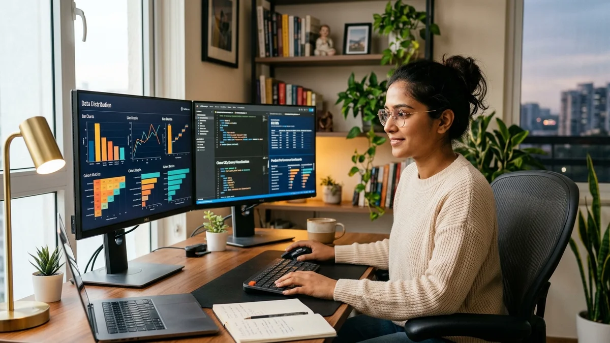 A fictional 26-year-old Indian female data analyst wearing glasses and smart-casual attire in a modern home office working on dual screens with SQL queries and interactive business intelligence dashboards