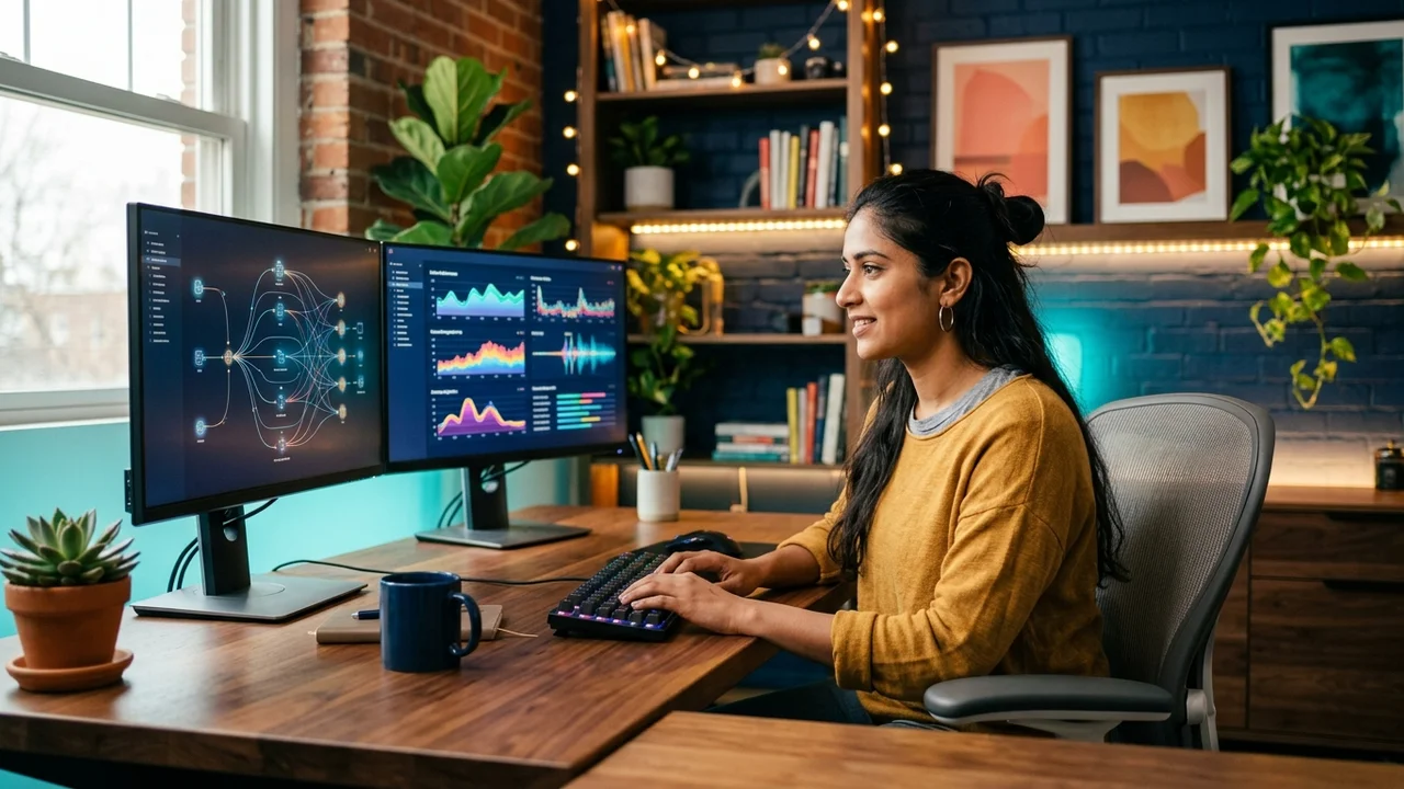 A fictional 26-year-old Indian female data engineer working at an ergonomic desk in a modern home office with dual monitors displaying data pipeline DAG architectures and SQL transformations