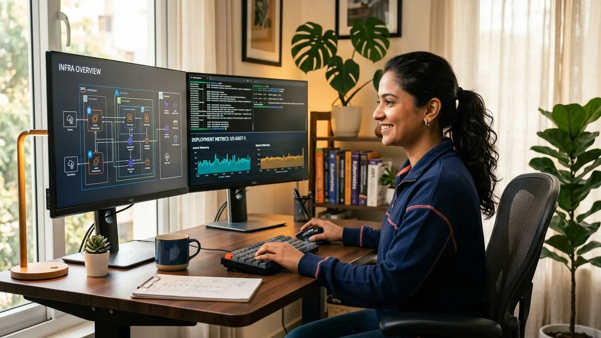 A fictional 27-year-old Indian female DevOps and cloud infrastructure engineer working at an ergonomic standing desk in a modern home office with dual monitors displaying cloud topology diagrams and telemetry dashboards