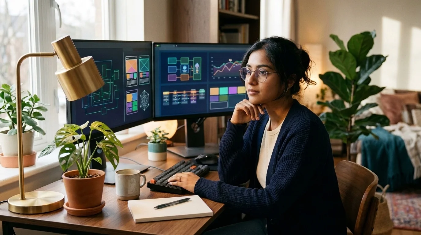 A fictional 27-year-old Indian female full-stack software engineer working thoughtfully at her modern dual-monitor home studio workstation with glowing UI component architectures and distributed database telemetry in soft morning light