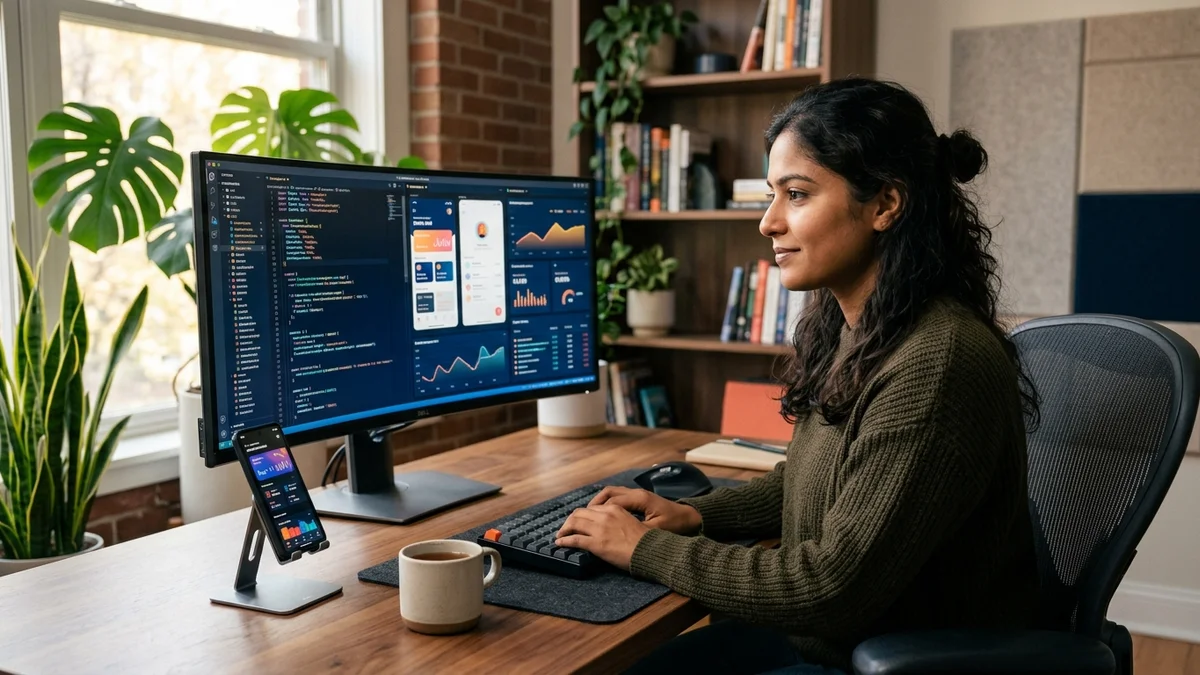 A fictional 26-year-old Indian female mobile software developer working focused and thoughtfully at her modern ergonomic remote home office desk with a smartphone mounted on an adjustable stand testing an app alongside a curved monitor displaying Flutter code and performance profiling metrics in soft ambient light