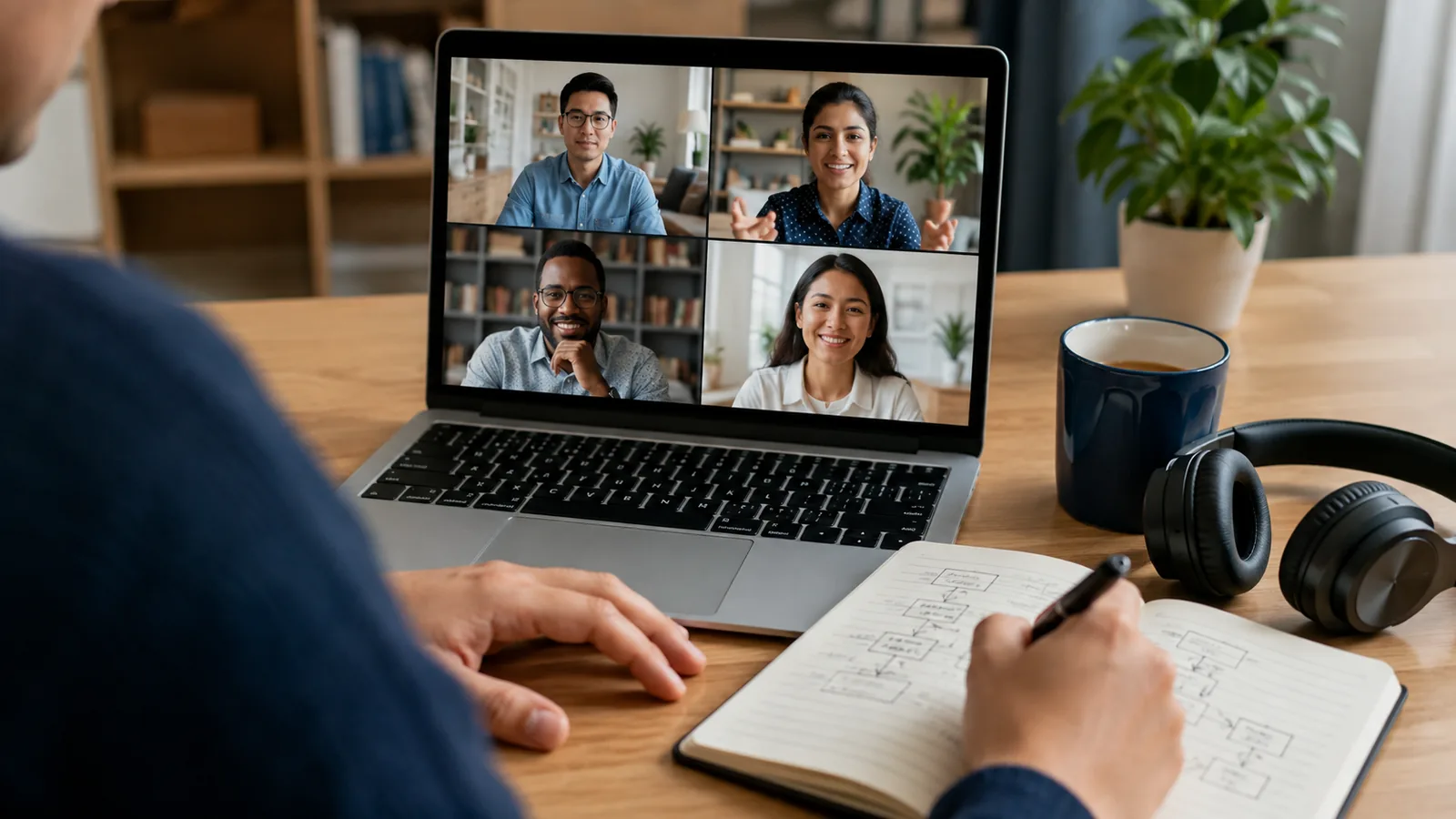 Distributed software engineering team collaborating in a remote video meeting