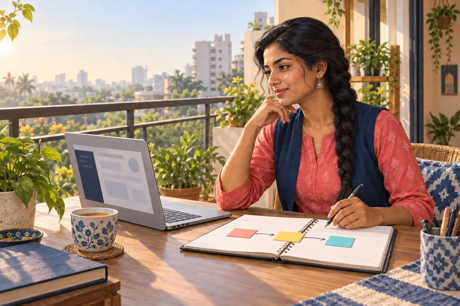 Indian professional planning her return to remote work at a sunny balcony desk with three blank milestone notes