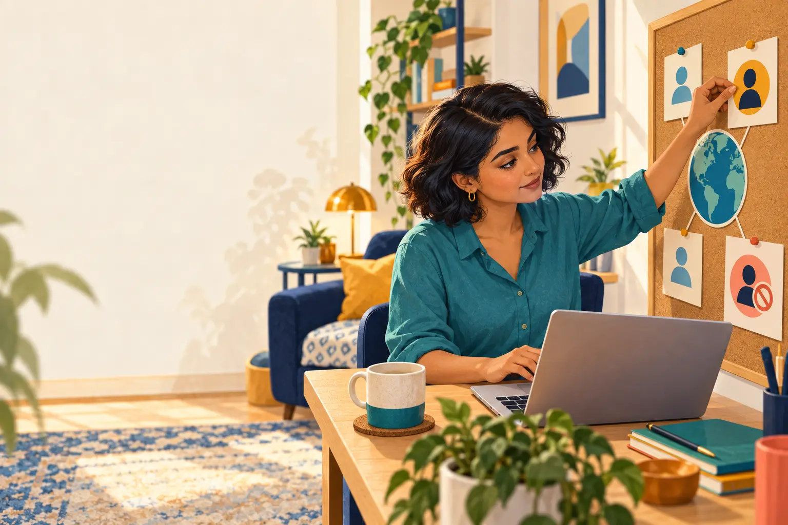 Fictional Indian professional comparing country eligibility cards beside a globe while researching a remote role